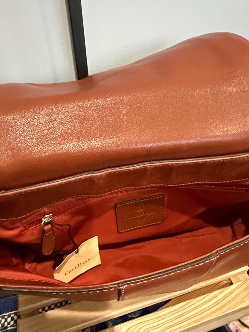 NWT! Cole Haan Vintage Cognac Leather Shoulder Bag Studded Buckle Flap Y2K Luxe - Picture 8 of 8